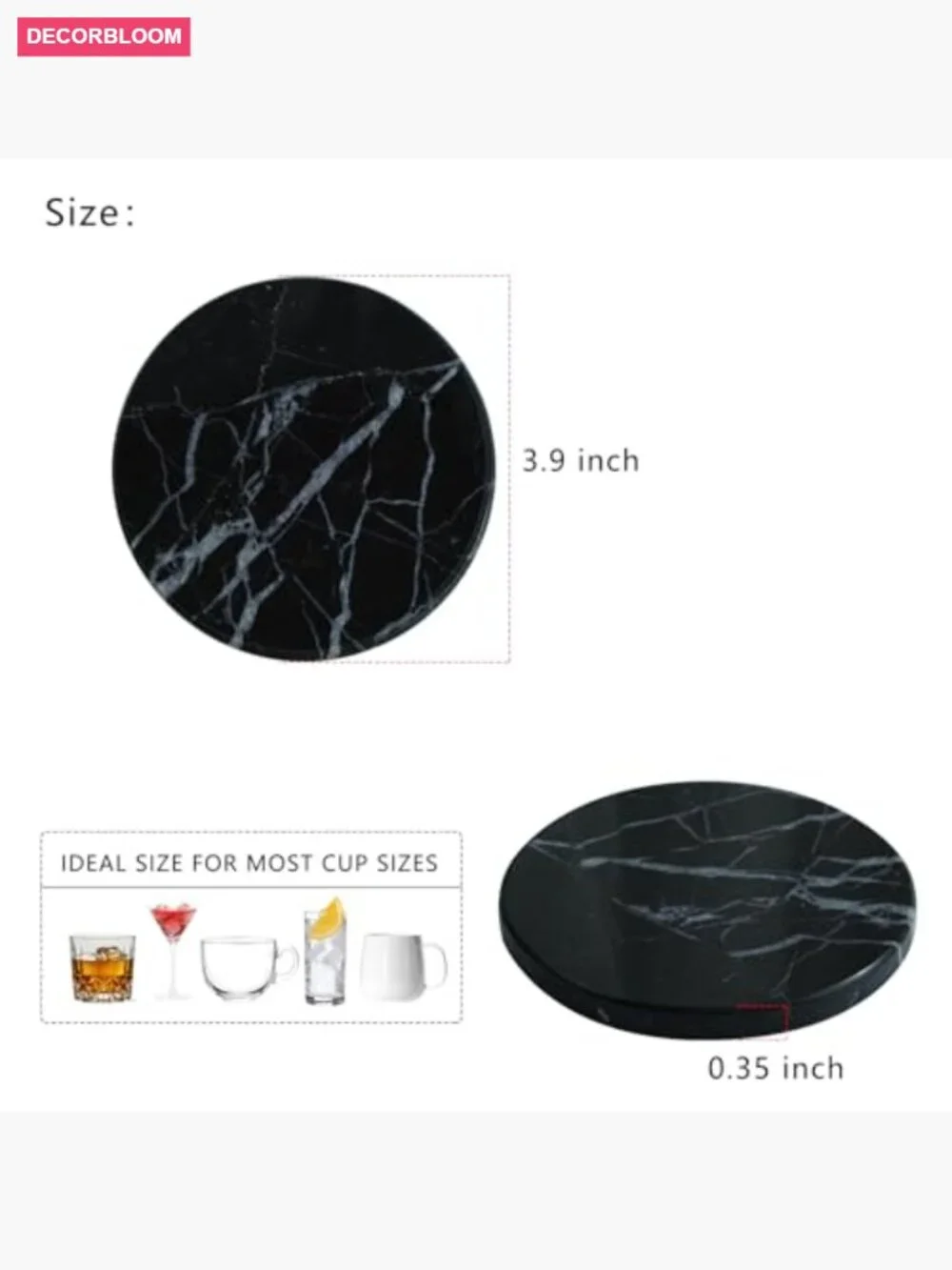 4 Natural Marble Coasters Round Stone Set for Drinks